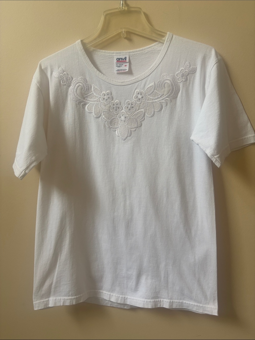 White Short-Sleeve Tee with Embroidered Crystal Floral Embellishment